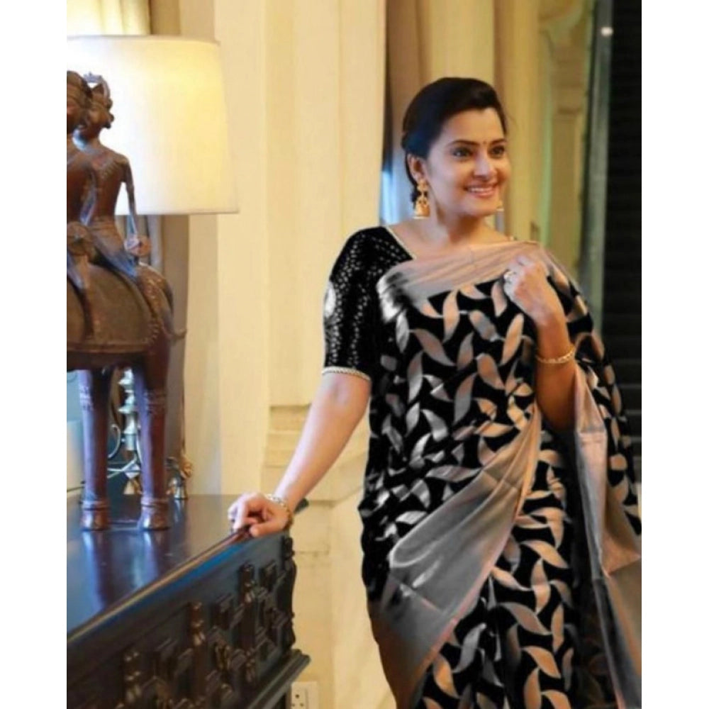 Snuggle Spot Women's Litchi silk Printed Saree With Unstitched Blouse (Black)