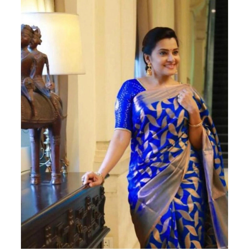 Snuggle Spot Women's Litchi silk Printed Saree With Unstitched Blouse (Blue)