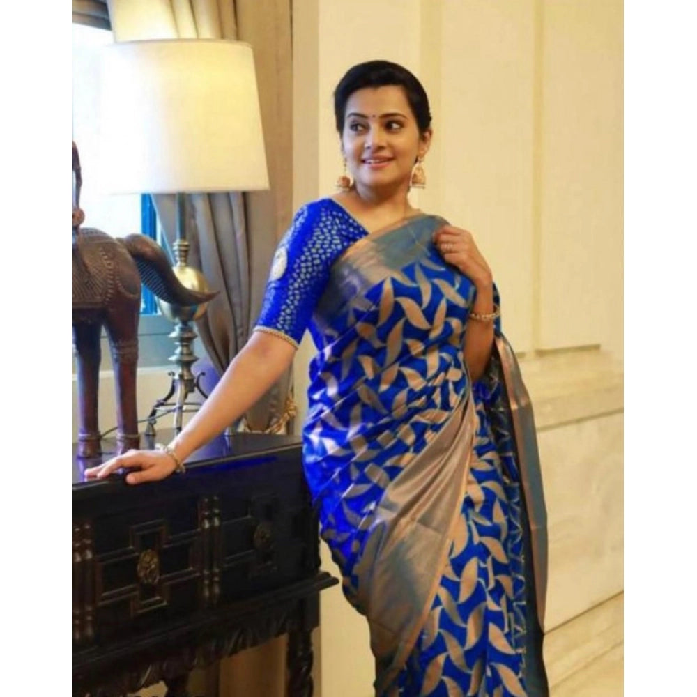 Snuggle Spot Women's Litchi silk Printed Saree With Unstitched Blouse (Blue)