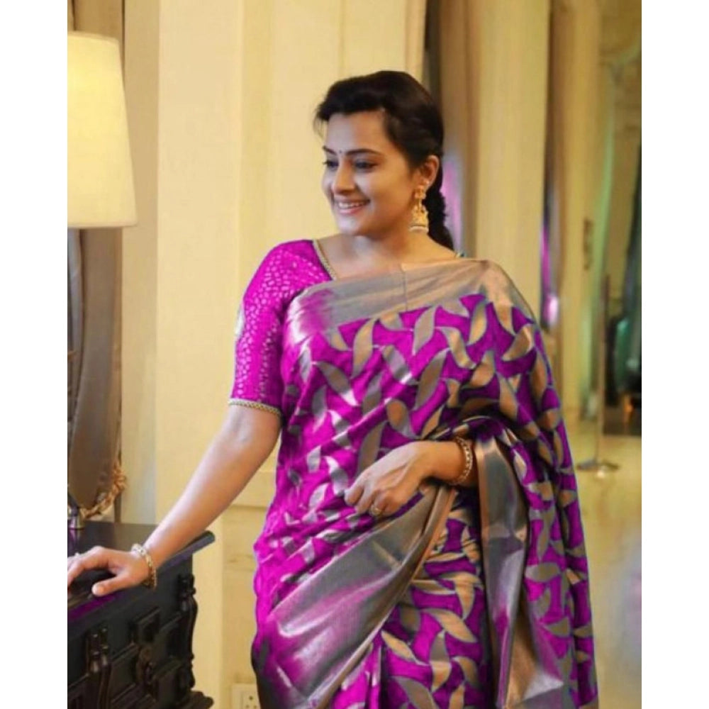 Snuggle Spot Women's Litchi silk Printed Saree With Unstitched Blouse (Pink)