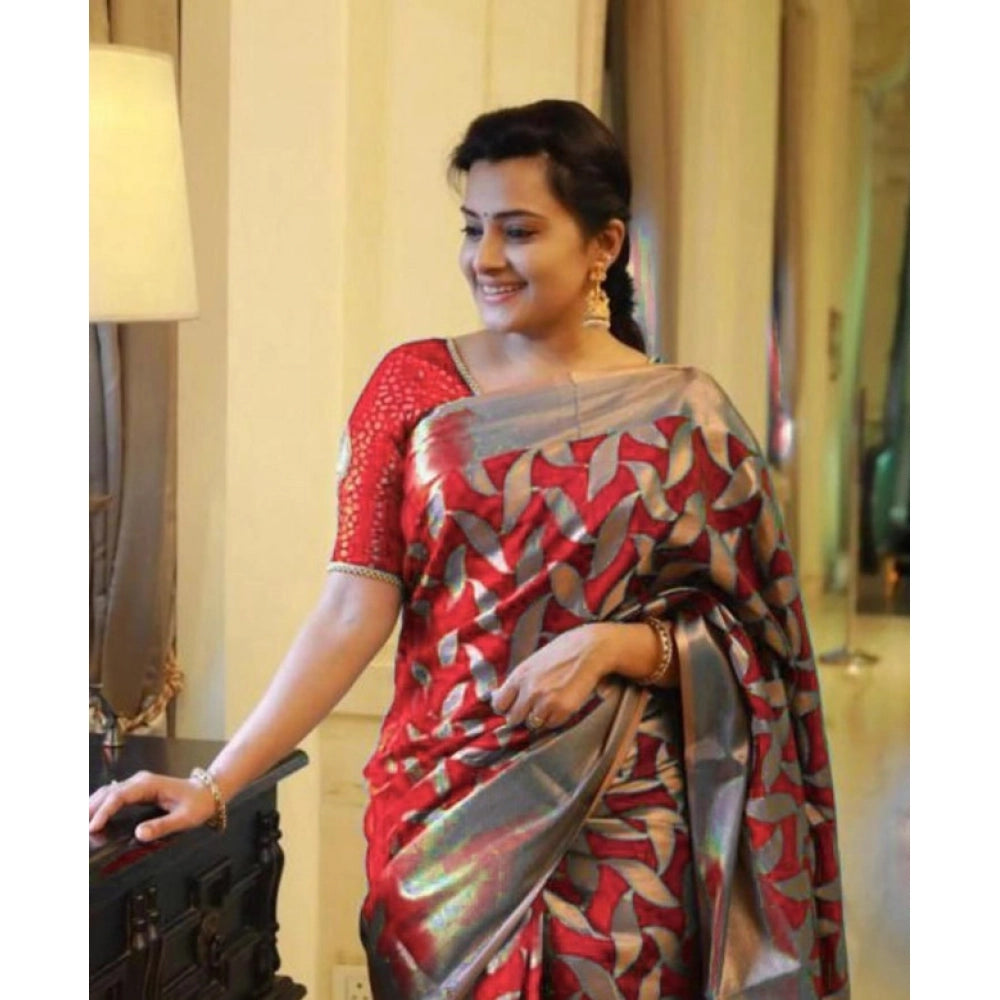 Snuggle Spot Women's Litchi silk Printed Saree With Unstitched Blouse (Red)