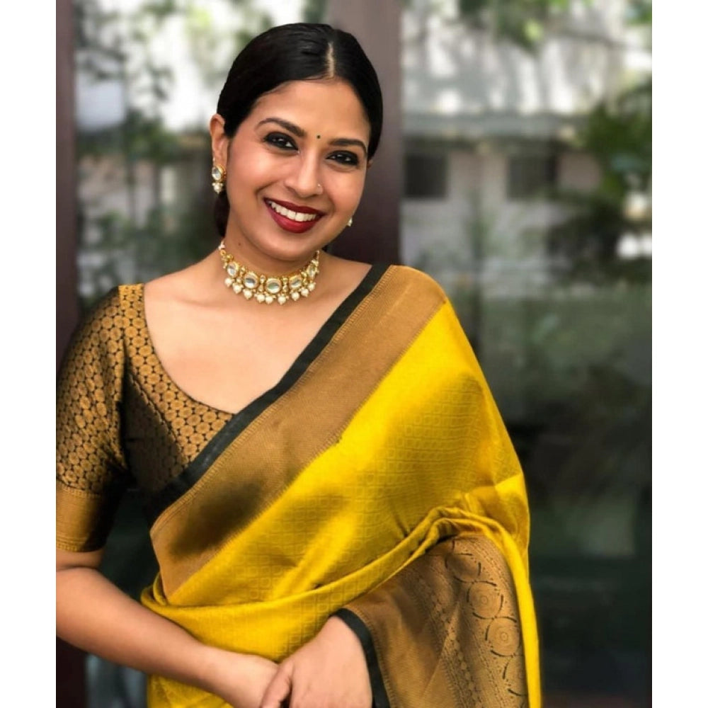 Snuggle Spot Women's Litchi silk Printed Saree With Unstitched Blouse (Yellow)