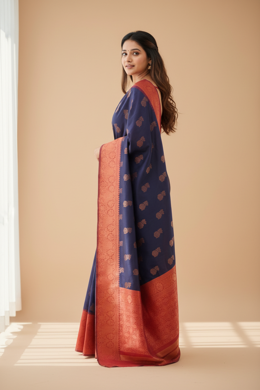 Snuggle Spot Women's Litchi silk Printed Saree With Unstitched Blouse (Blue)
