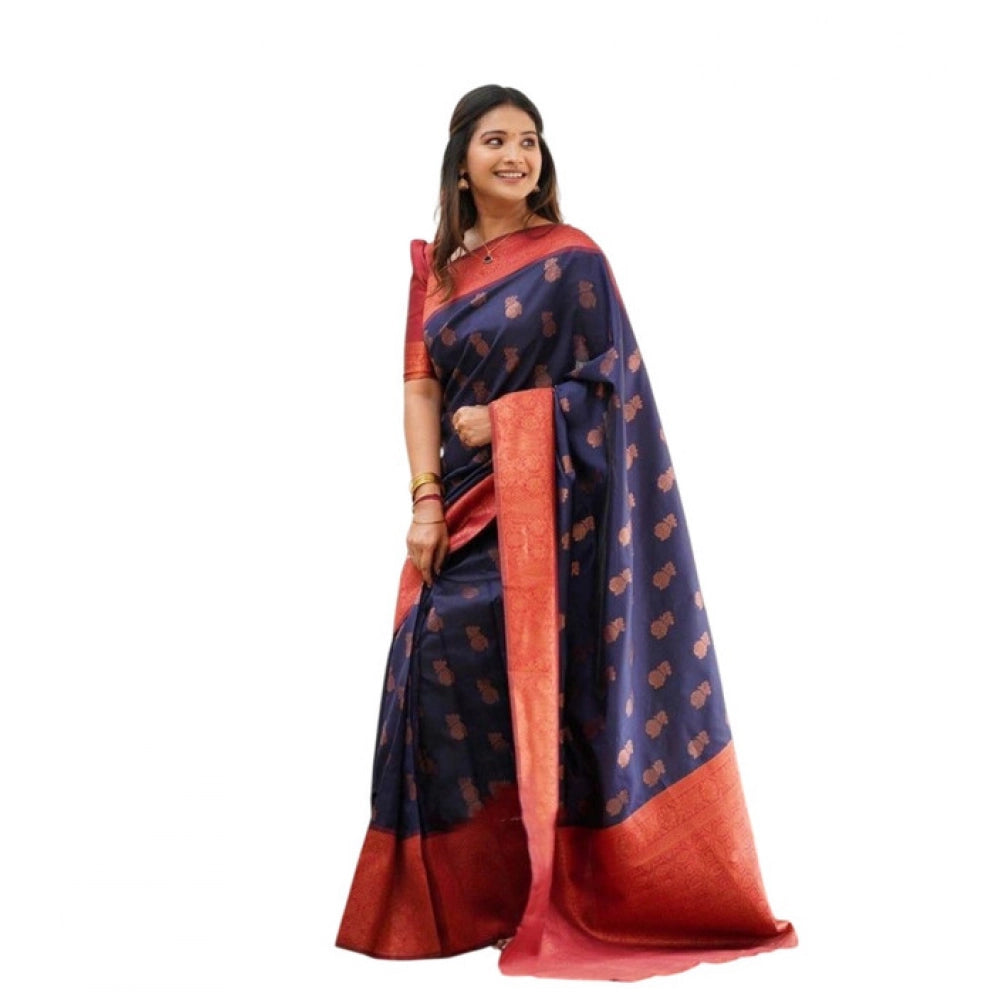 Snuggle Spot Women's Litchi silk Printed Saree With Unstitched Blouse (Blue)