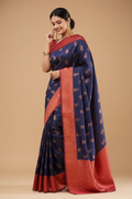 Snuggle Spot Women's Litchi silk Printed Saree With Unstitched Blouse (Blue)
