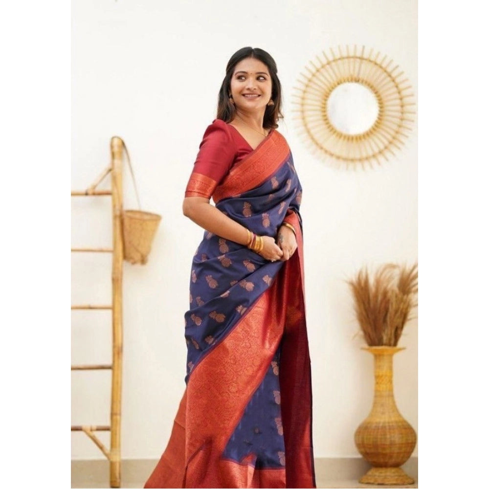 Snuggle Spot Women's Litchi silk Printed Saree With Unstitched Blouse (Blue)