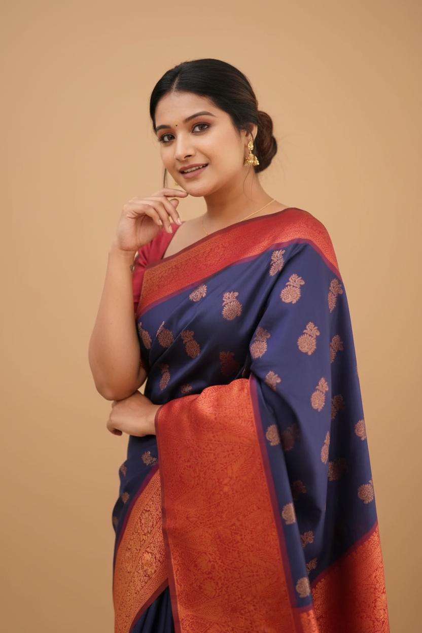 Snuggle Spot Women's Litchi silk Printed Saree With Unstitched Blouse (Blue)