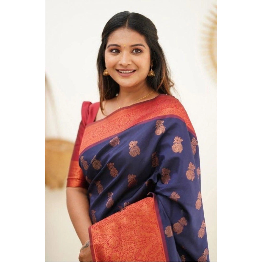 Snuggle Spot Women's Litchi silk Printed Saree With Unstitched Blouse (Blue)