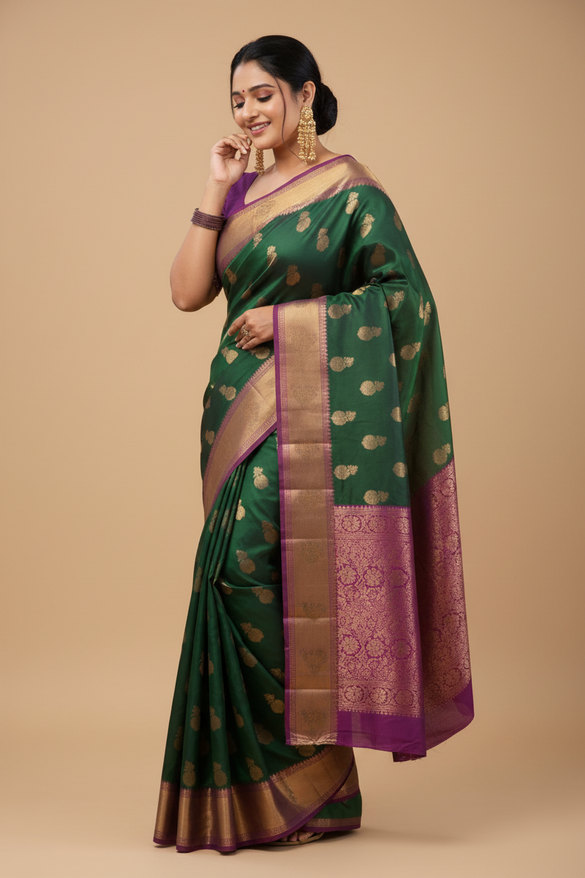 Snuggle Spot Women's Litchi silk Printed Saree With Unstitched Blouse (Green)