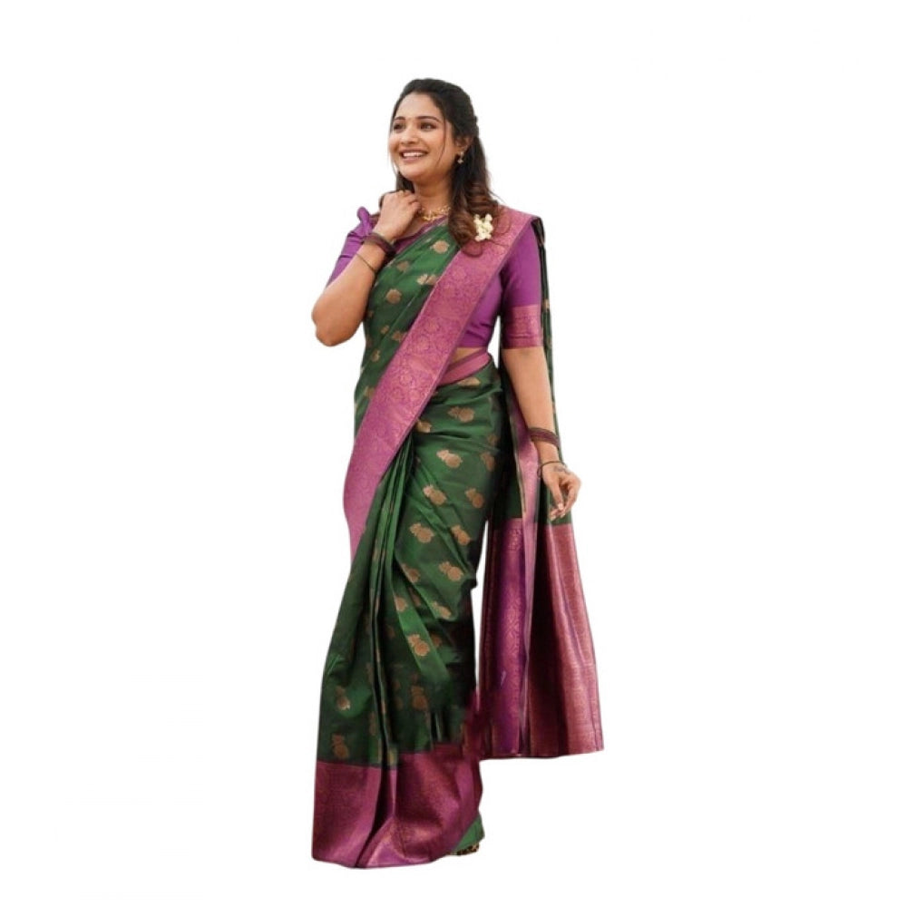 Snuggle Spot Women's Litchi silk Printed Saree With Unstitched Blouse (Green)