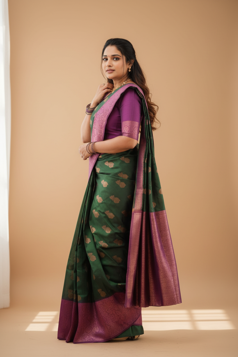 Snuggle Spot Women's Litchi silk Printed Saree With Unstitched Blouse (Green)