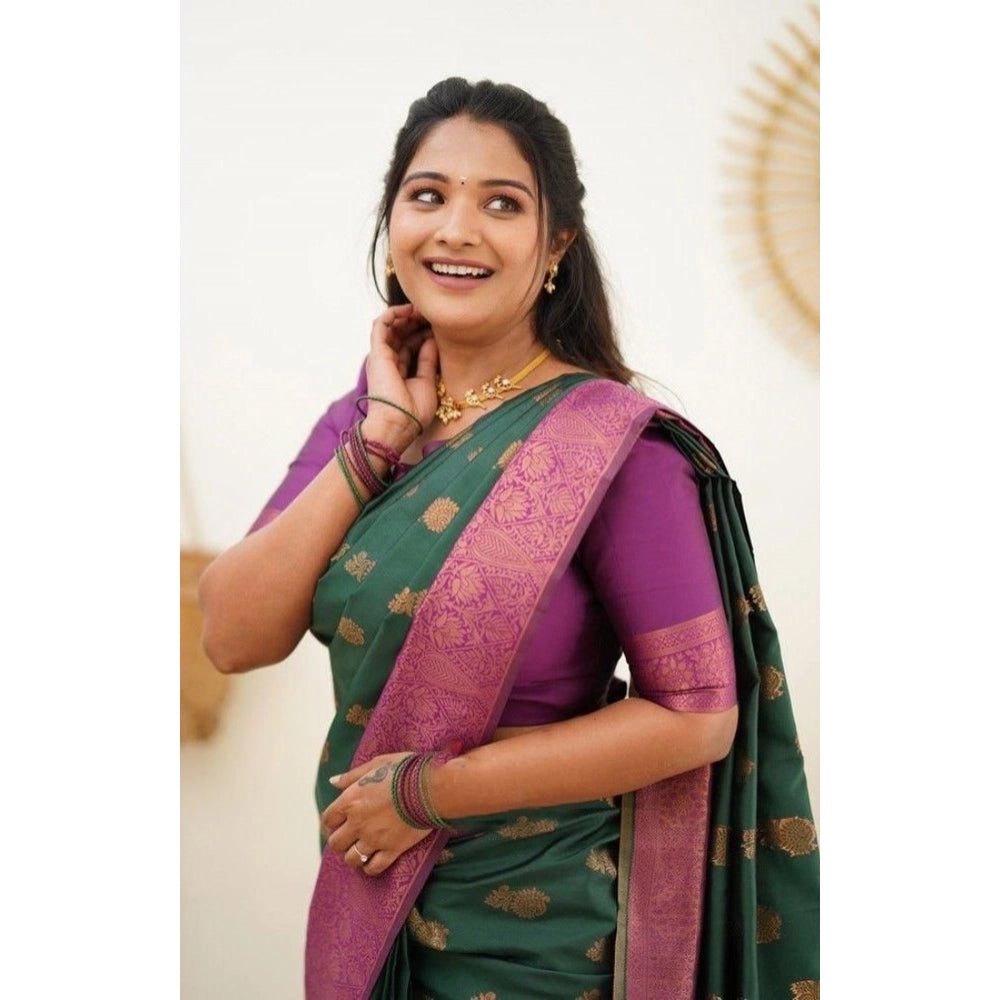 Snuggle Spot Women's Litchi silk Printed Saree With Unstitched Blouse (Green)