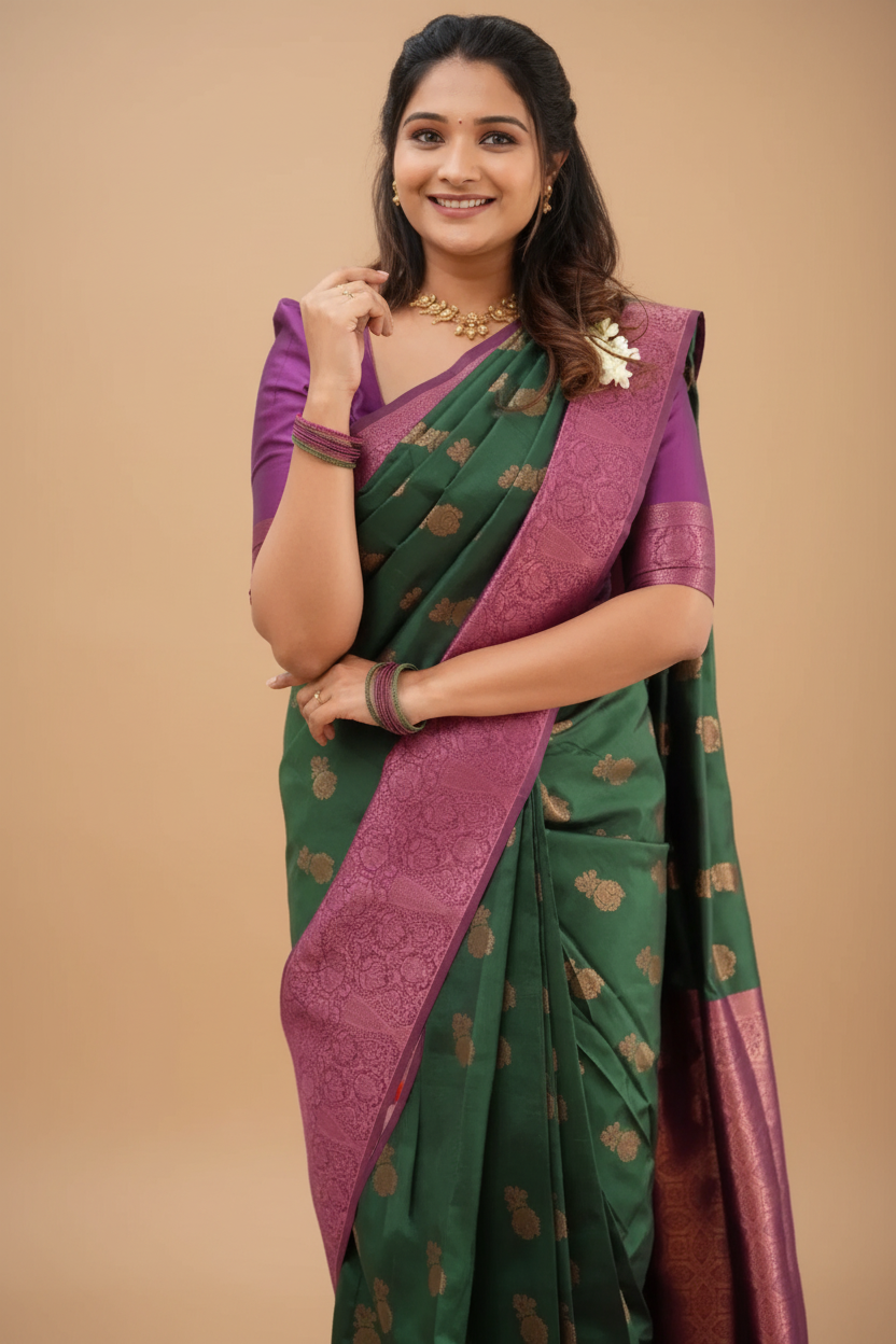 Snuggle Spot Women's Litchi silk Printed Saree With Unstitched Blouse (Green)