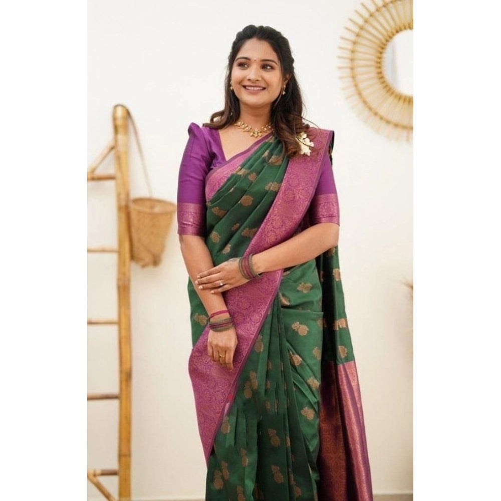 Snuggle Spot Women's Litchi silk Printed Saree With Unstitched Blouse (Green)