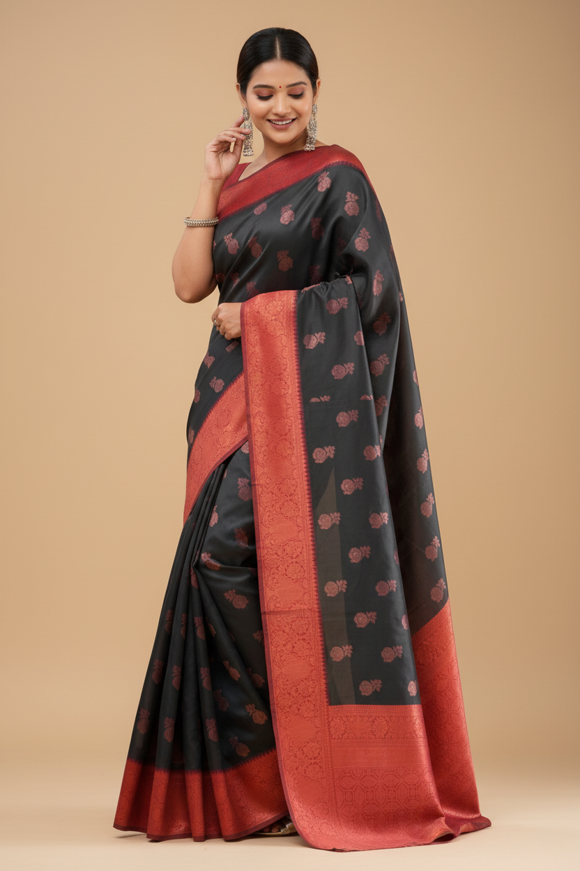 Snuggle Spot Women's Litchi silk Printed Saree With Unstitched Blouse (Grey)