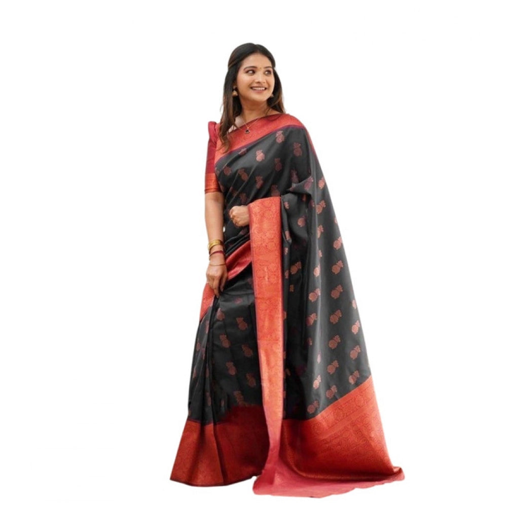 Snuggle Spot Women's Litchi silk Printed Saree With Unstitched Blouse (Grey)