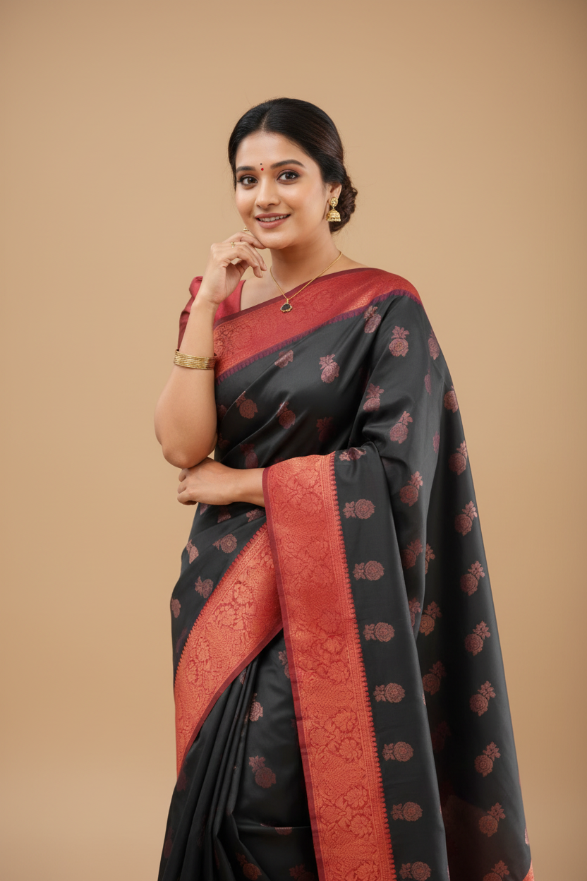 Snuggle Spot Women's Litchi silk Printed Saree With Unstitched Blouse (Grey)