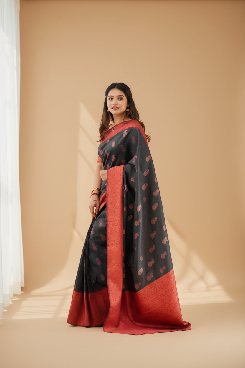 Snuggle Spot Women's Litchi silk Printed Saree With Unstitched Blouse (Grey)