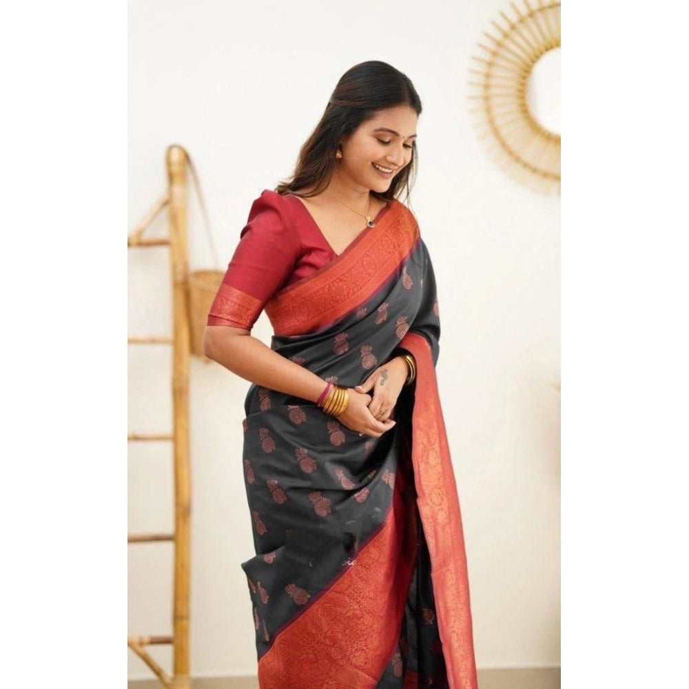 Snuggle Spot Women's Litchi silk Printed Saree With Unstitched Blouse (Grey)