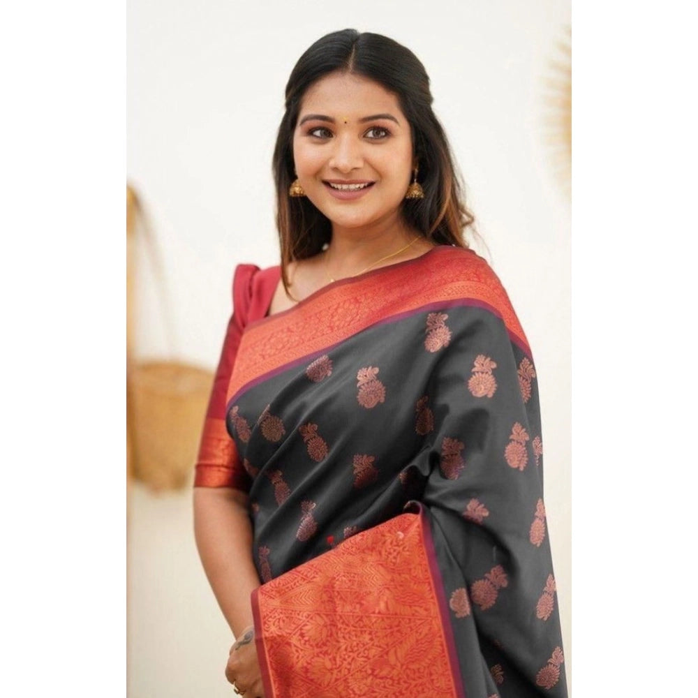Snuggle Spot Women's Litchi silk Printed Saree With Unstitched Blouse (Grey)