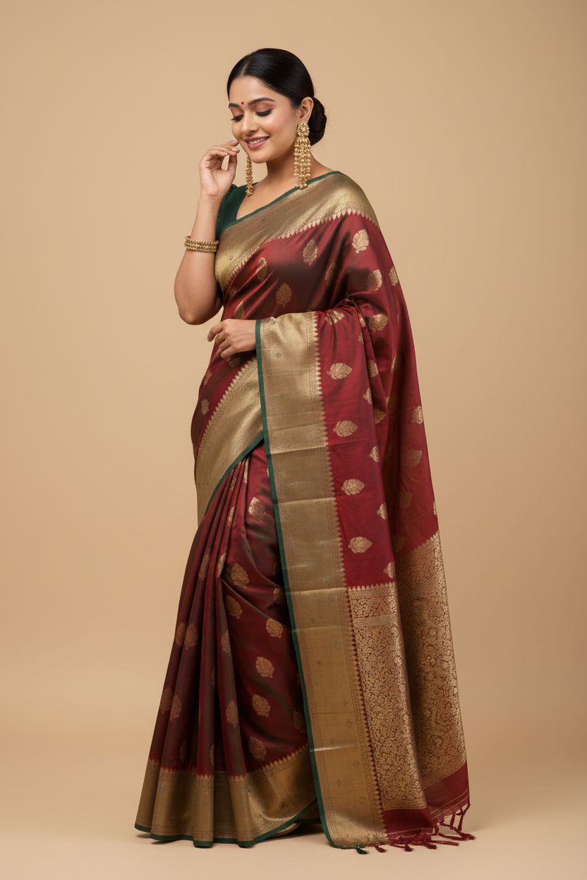 Snuggle Spot Women's Litchi silk Printed Saree With Unstitched Blouse (Red)