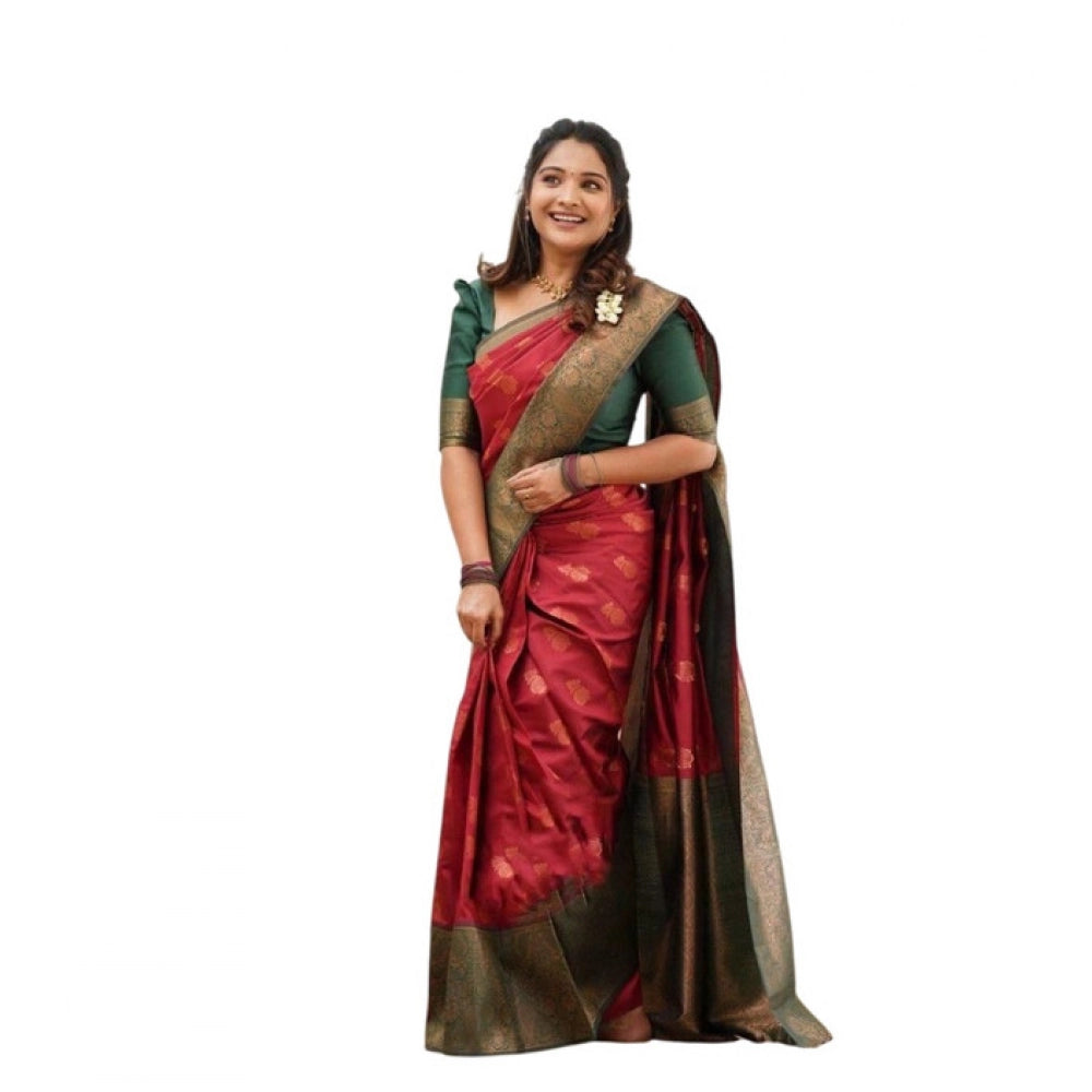 Snuggle Spot Women's Litchi silk Printed Saree With Unstitched Blouse (Red)