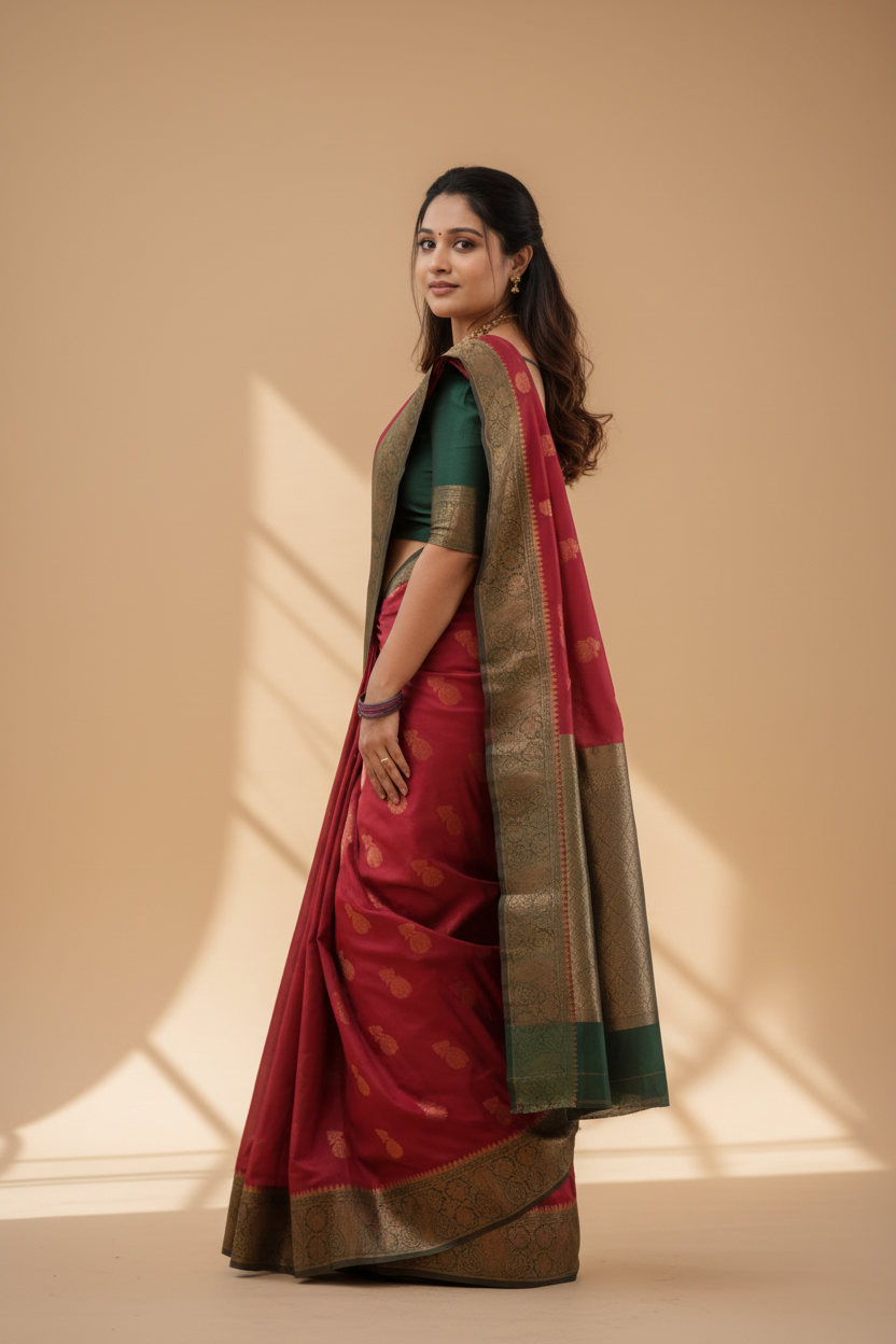 Snuggle Spot Women's Litchi silk Printed Saree With Unstitched Blouse (Red)