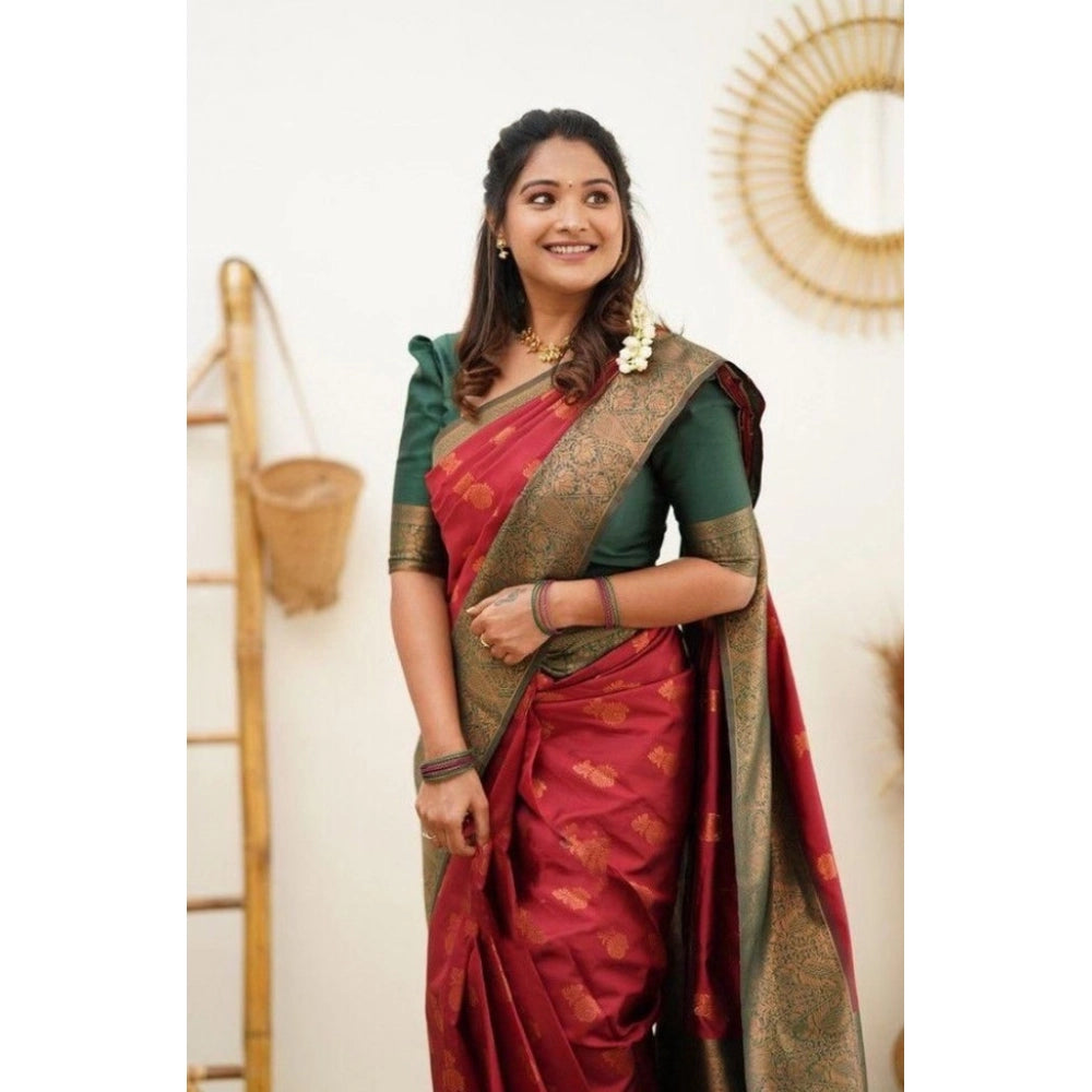 Snuggle Spot Women's Litchi silk Printed Saree With Unstitched Blouse (Red)