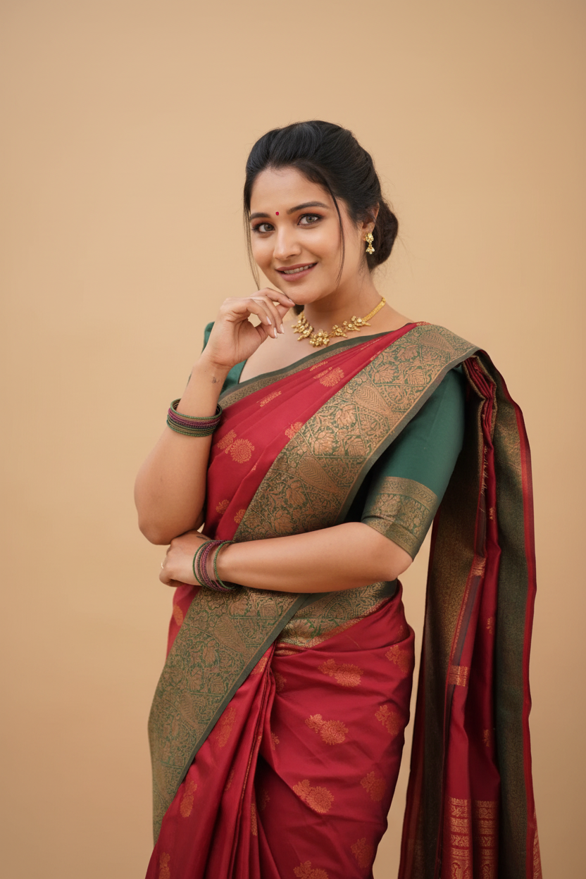 Snuggle Spot Women's Litchi silk Printed Saree With Unstitched Blouse (Red)