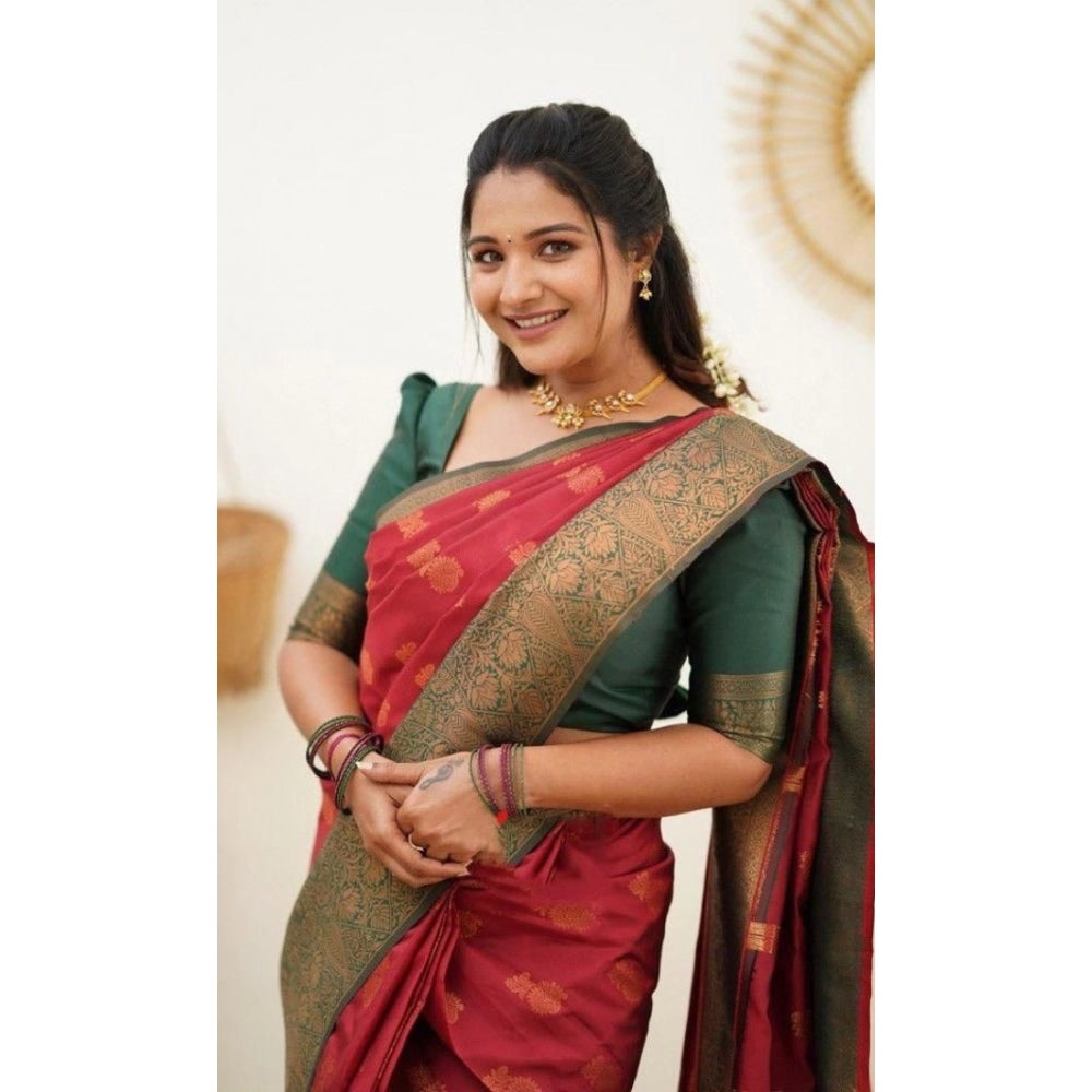Snuggle Spot Women's Litchi silk Printed Saree With Unstitched Blouse (Red)