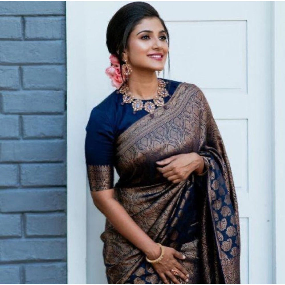 Snuggle Spot Women's Litchi silk Printed Saree With Unstitched Blouse (Blue)