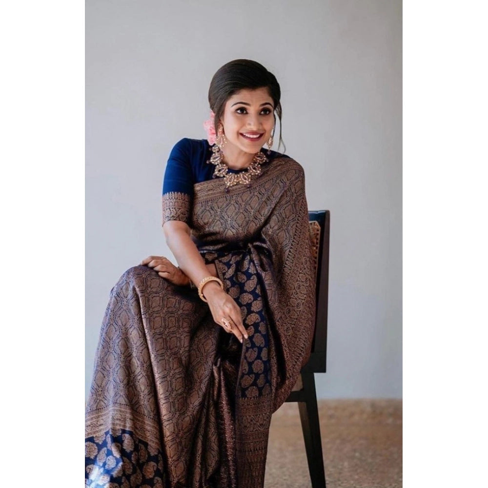 Snuggle Spot Women's Litchi silk Printed Saree With Unstitched Blouse (Blue)