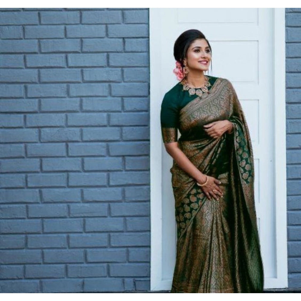 Snuggle Spot Women's Litchi silk Printed Saree With Unstitched Blouse (Green)