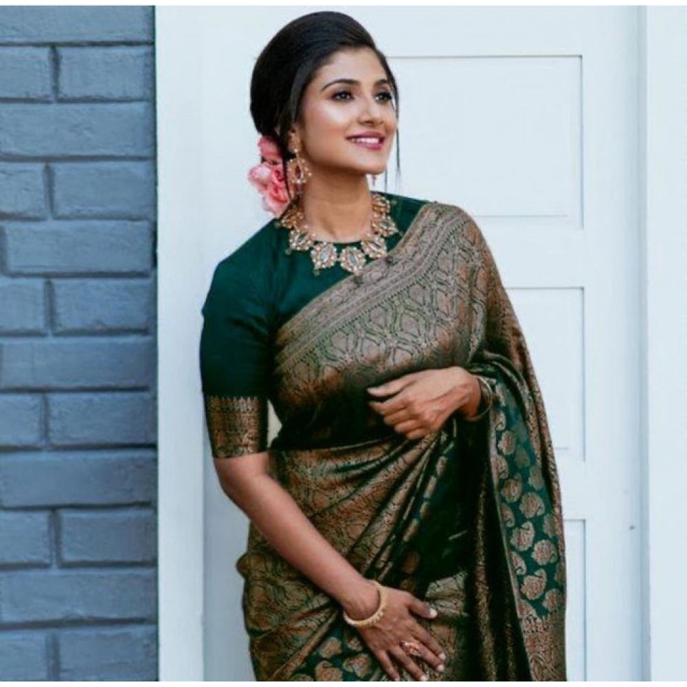 Snuggle Spot Women's Litchi silk Printed Saree With Unstitched Blouse (Green)