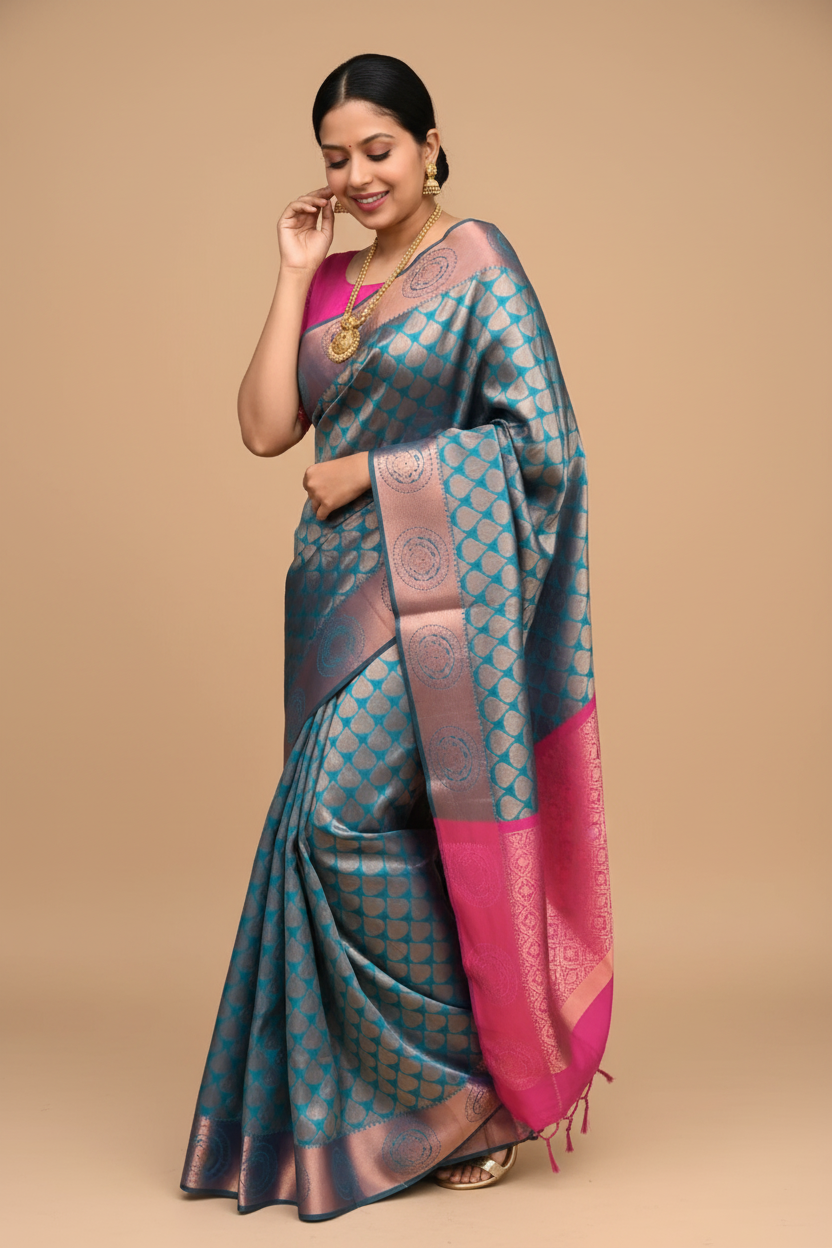 Snuggle Spot Women's Litchi silk Printed Saree With Unstitched Blouse (Blue)