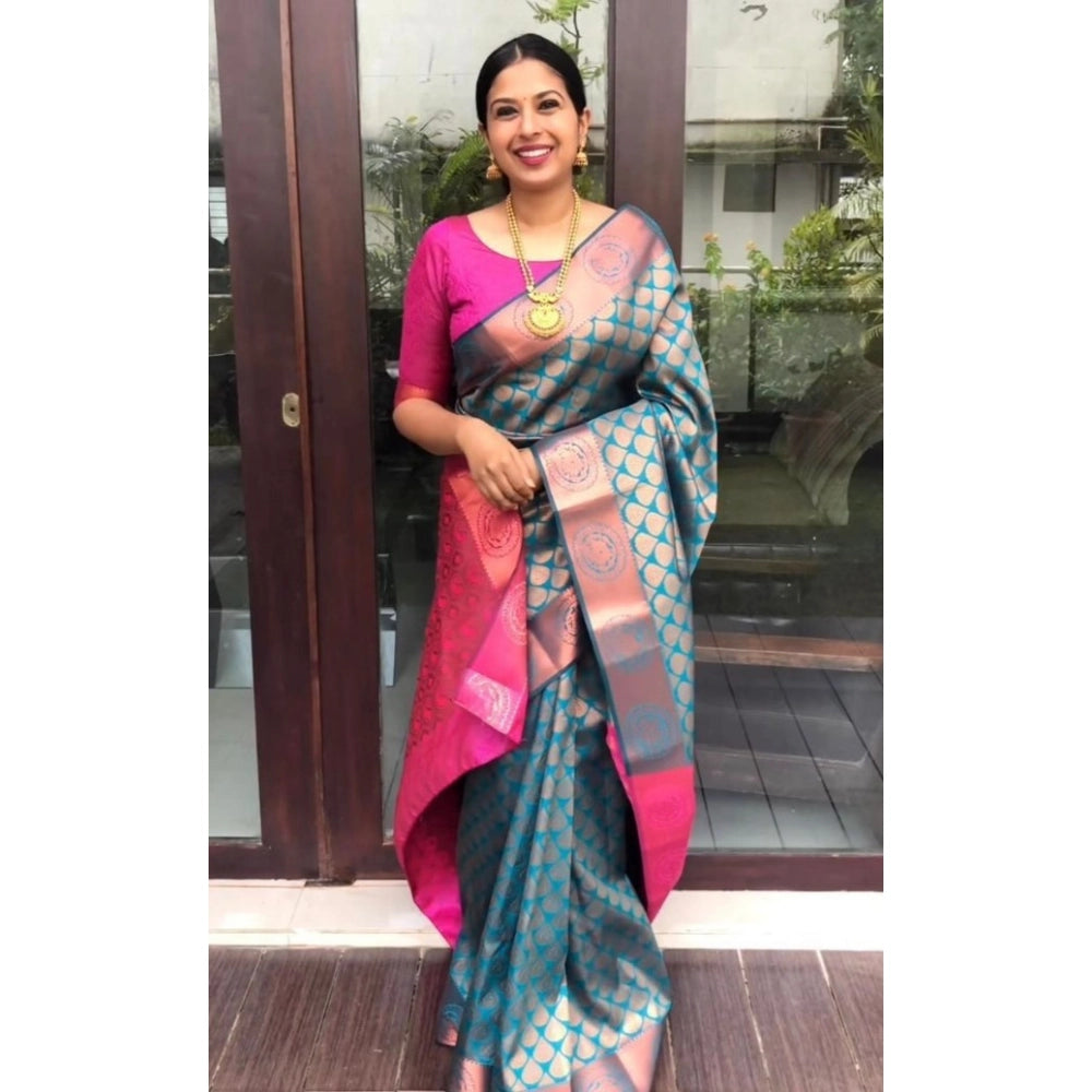 Snuggle Spot Women's Litchi silk Printed Saree With Unstitched Blouse (Blue)