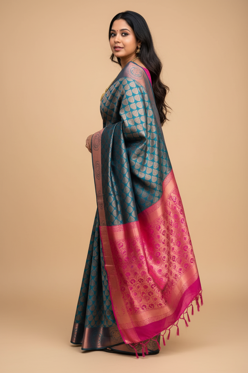 Snuggle Spot Women's Litchi silk Printed Saree With Unstitched Blouse (Blue)