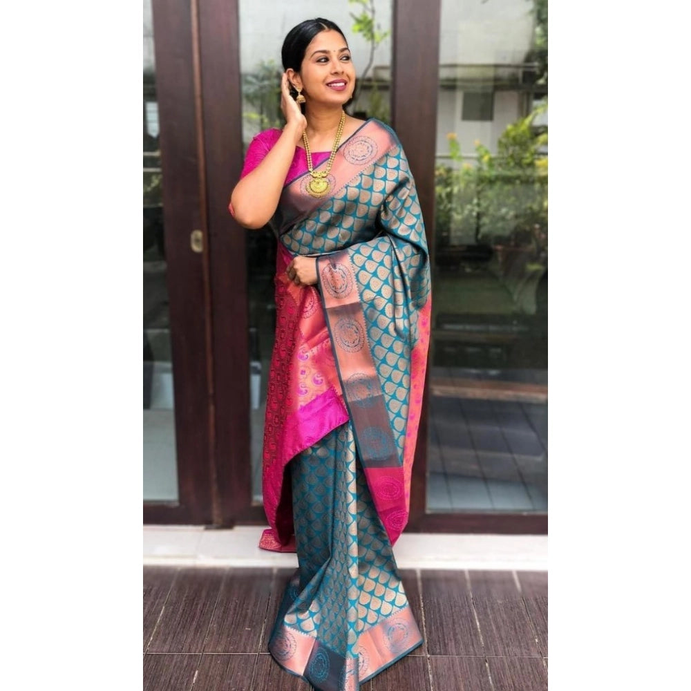 Snuggle Spot Women's Litchi silk Printed Saree With Unstitched Blouse (Blue)