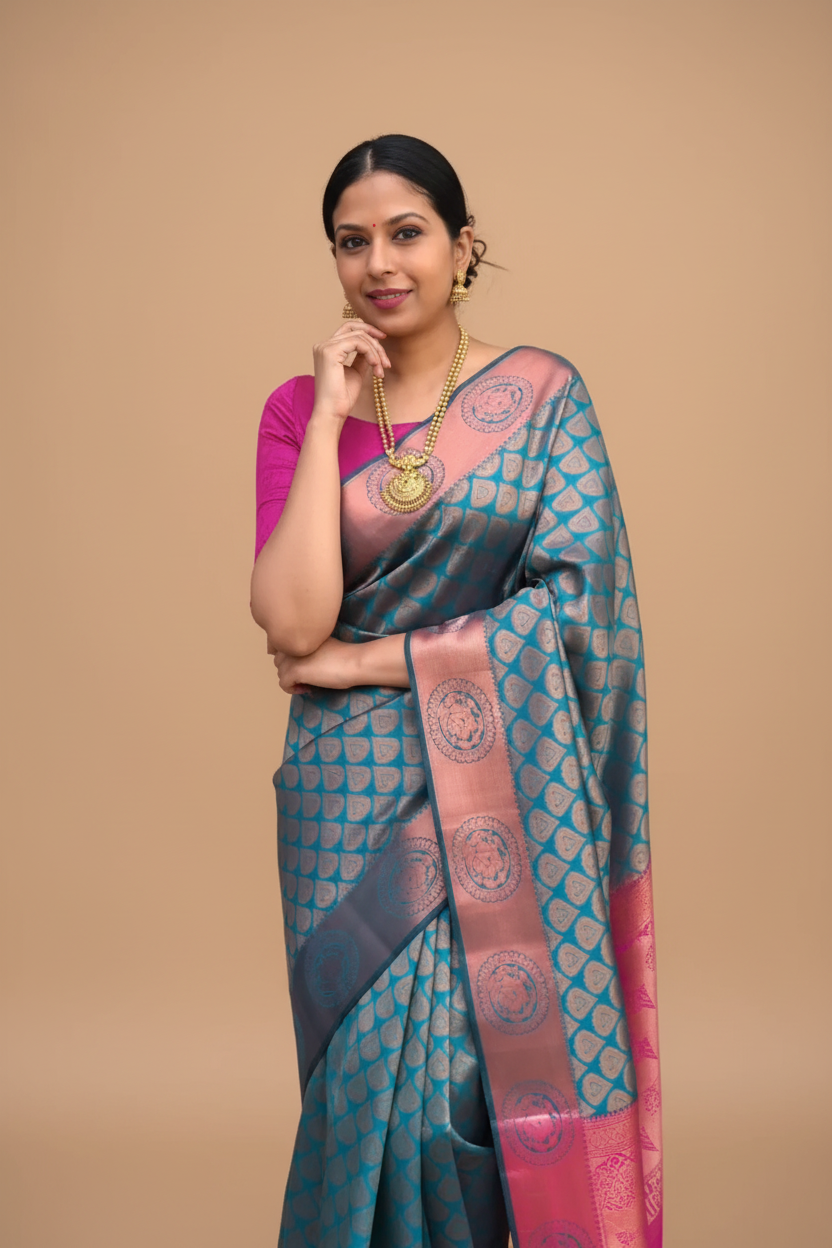 Snuggle Spot Women's Litchi silk Printed Saree With Unstitched Blouse (Blue)