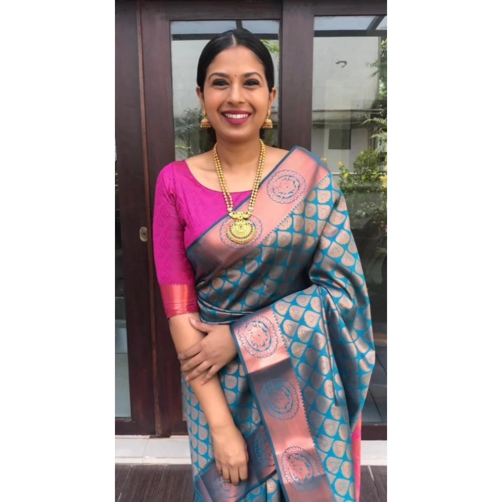 Snuggle Spot Women's Litchi silk Printed Saree With Unstitched Blouse (Blue)