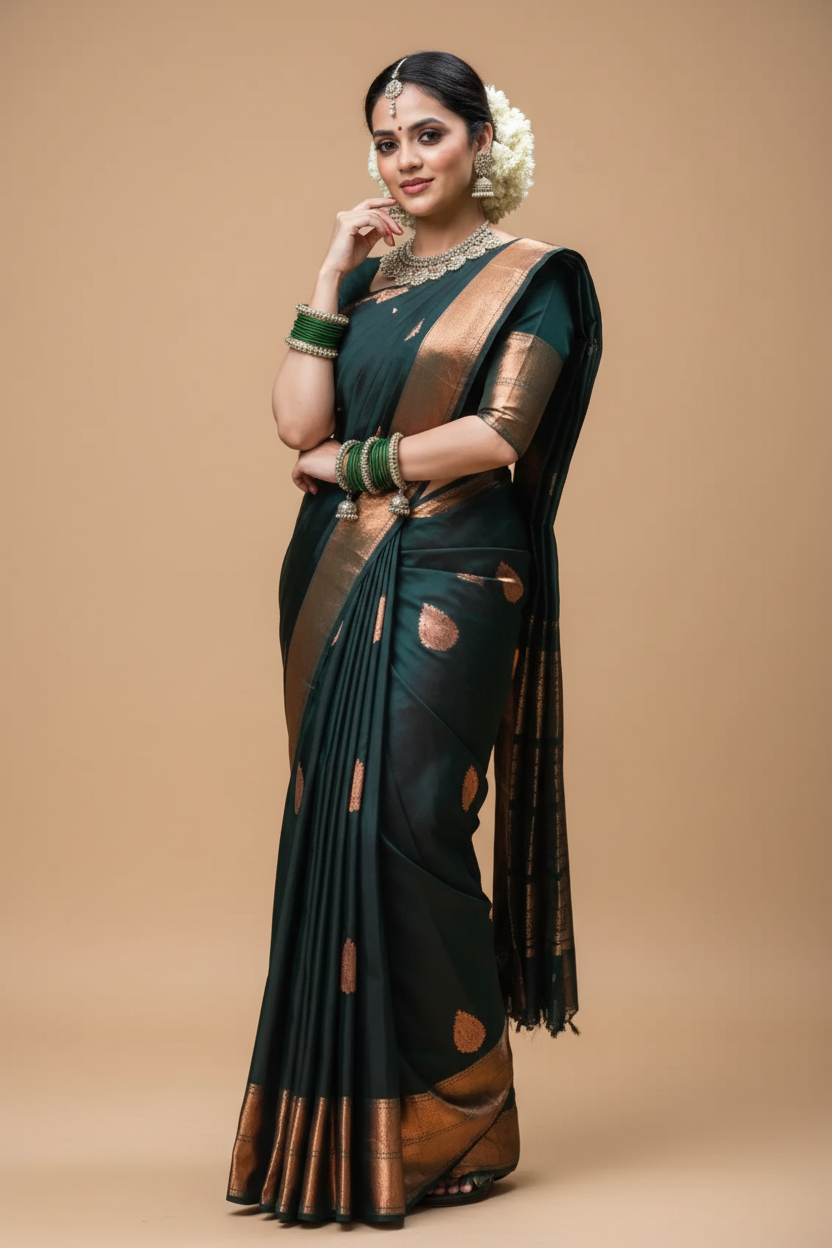 Snuggle Spot Women's Litchi silk Printed Saree With Unstitched Blouse (Green)