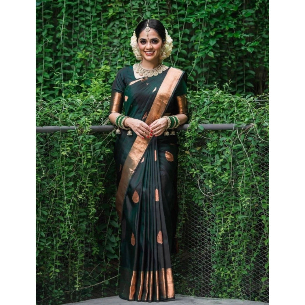 Snuggle Spot Women's Litchi silk Printed Saree With Unstitched Blouse (Green)