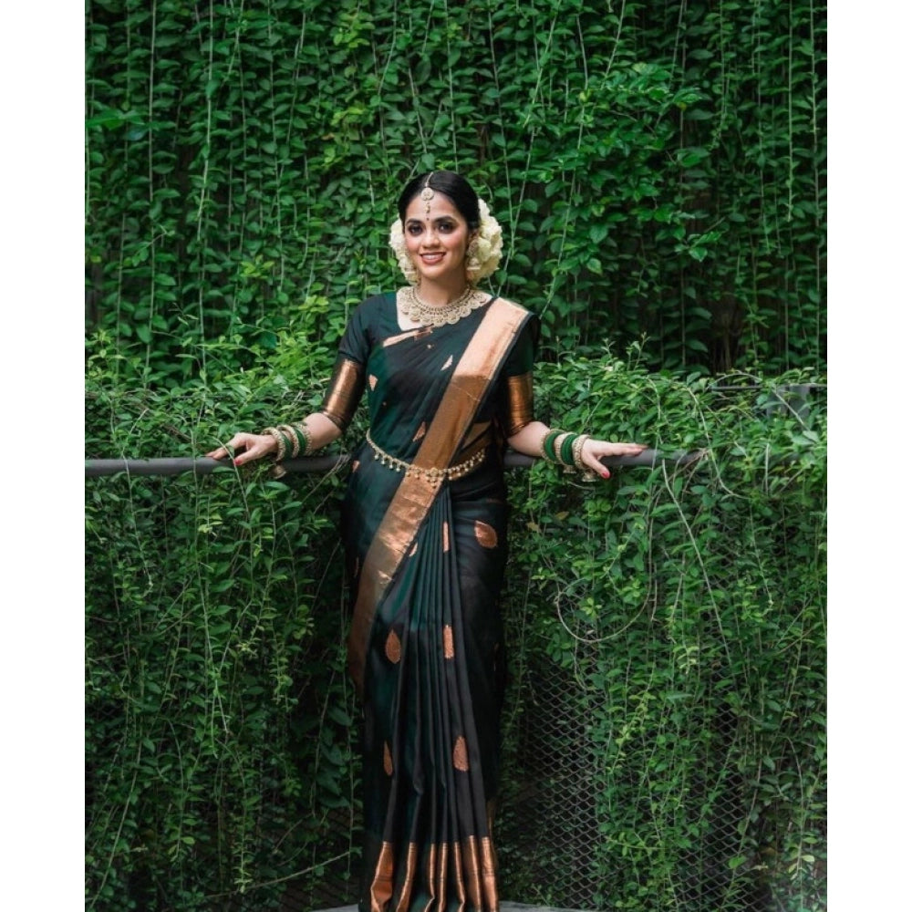 Snuggle Spot Women's Litchi silk Printed Saree With Unstitched Blouse (Green)
