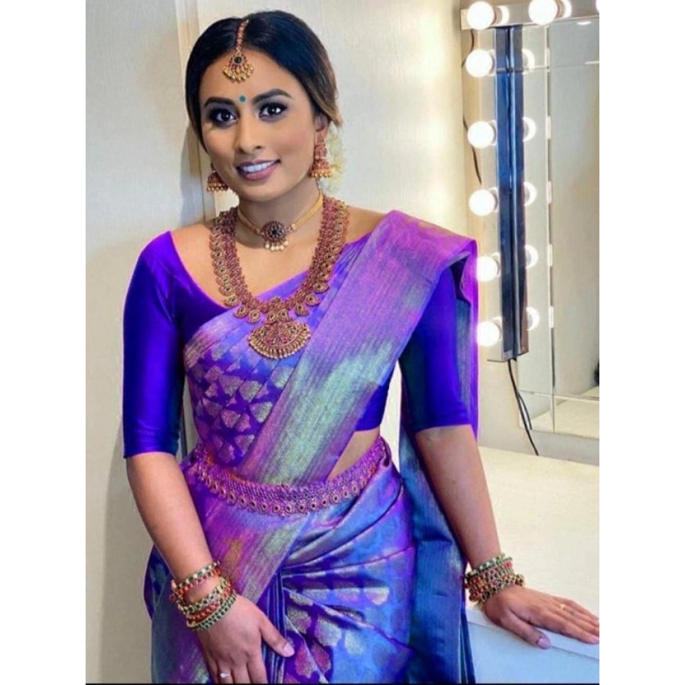 Snuggle Spot Women's Litchi silk Printed Saree With Unstitched Blouse (Blue)