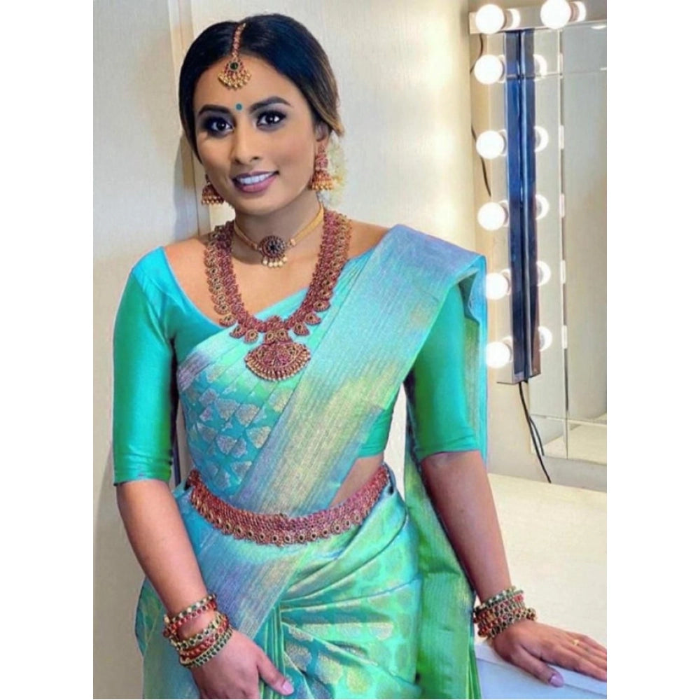 Snuggle Spot Women's Litchi silk Printed Saree With Unstitched Blouse (Green)