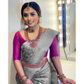 Snuggle Spot Women's Litchi silk Printed Saree With Unstitched Blouse (Grey)