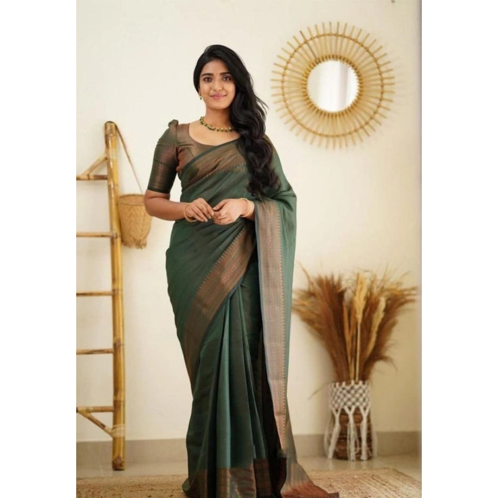 Snuggle Spot Women's Litchi silk Printed Saree With Unstitched Blouse (Green)