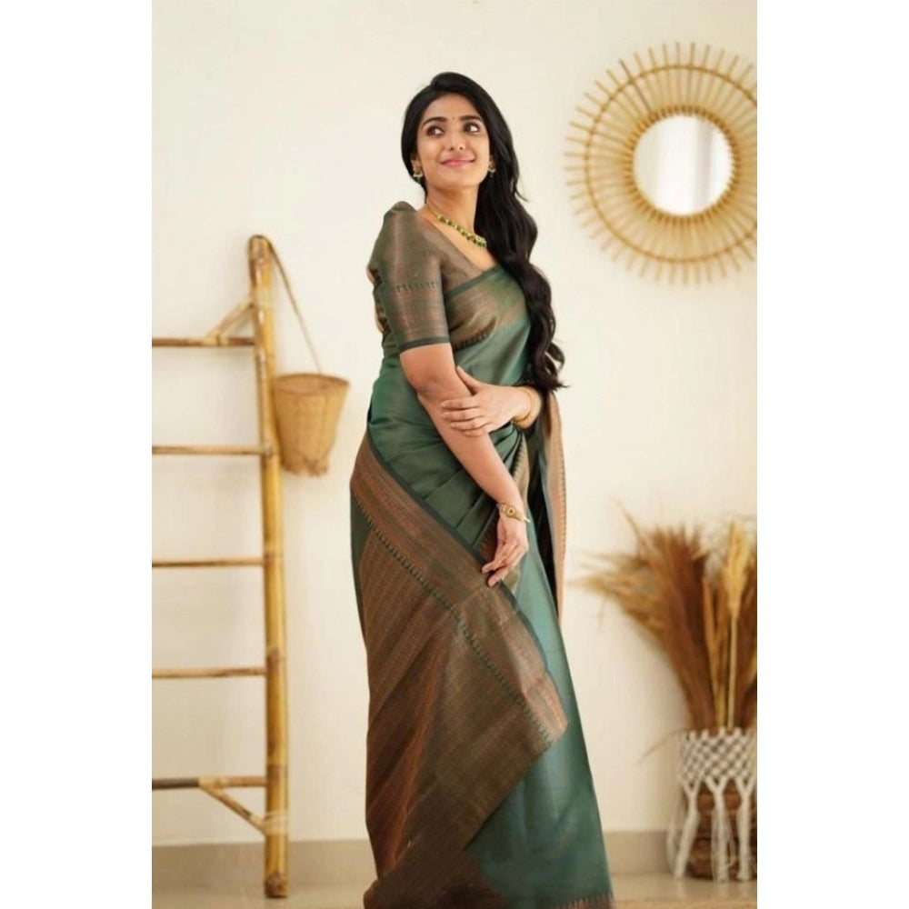 Snuggle Spot Women's Litchi silk Printed Saree With Unstitched Blouse (Green)