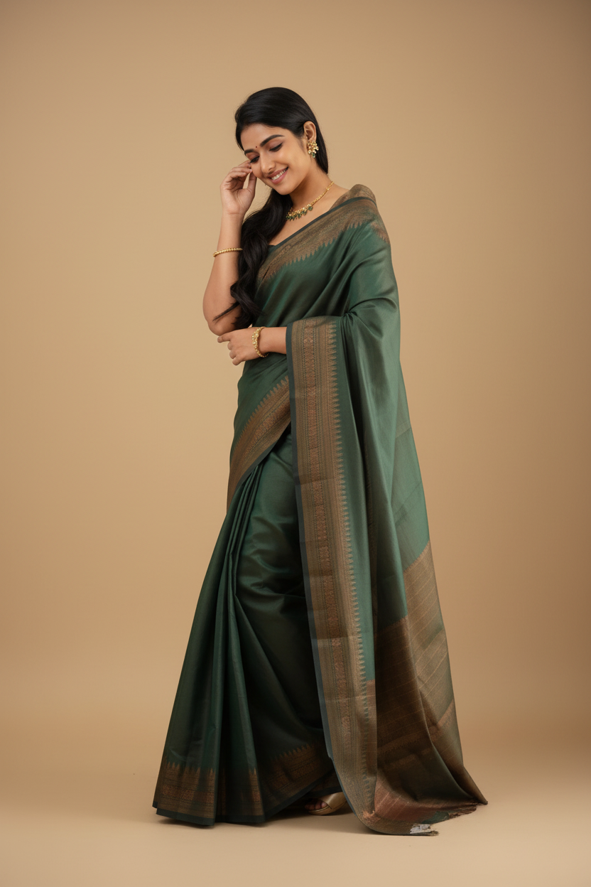 Snuggle Spot Women's Litchi silk Printed Saree With Unstitched Blouse (Green)
