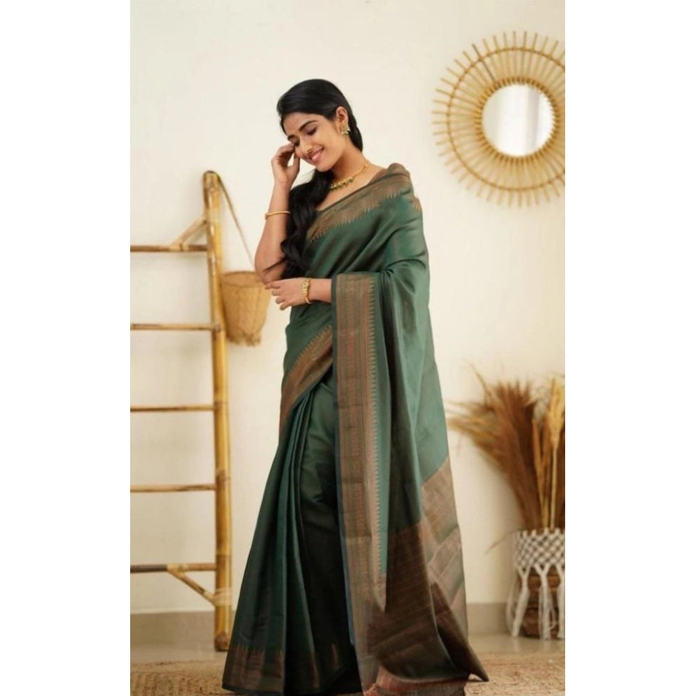 Snuggle Spot Women's Litchi silk Printed Saree With Unstitched Blouse (Green)